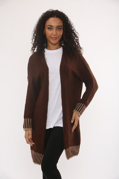 Brown Wool Blend Cardigan With Contrast Stripes | justyou