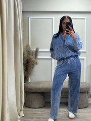 Blue Acid Wash Print Bomber Front Zip Tracksuit