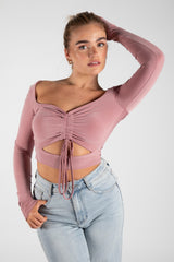 Pink Slinky Ruched Cut Out Crop Top