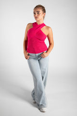 Hot Pink Cross Front Halterneck Knitted Top 
