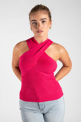 Hot Pink Cross Front Halterneck Knitted Top 