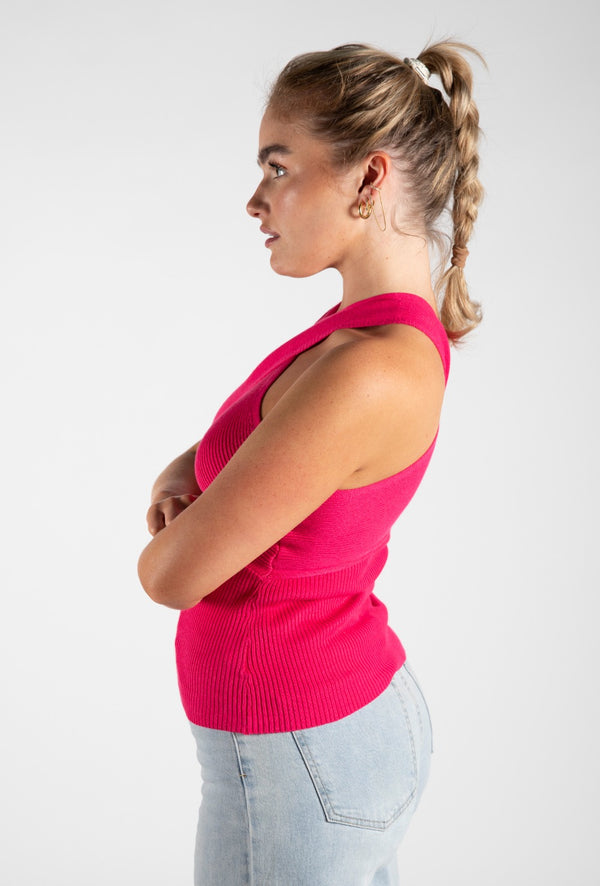 Hot Pink Cross Front Halterneck Knitted Top 