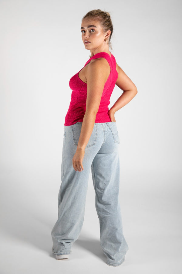 Hot Pink Cross Front Halterneck Knitted Top 