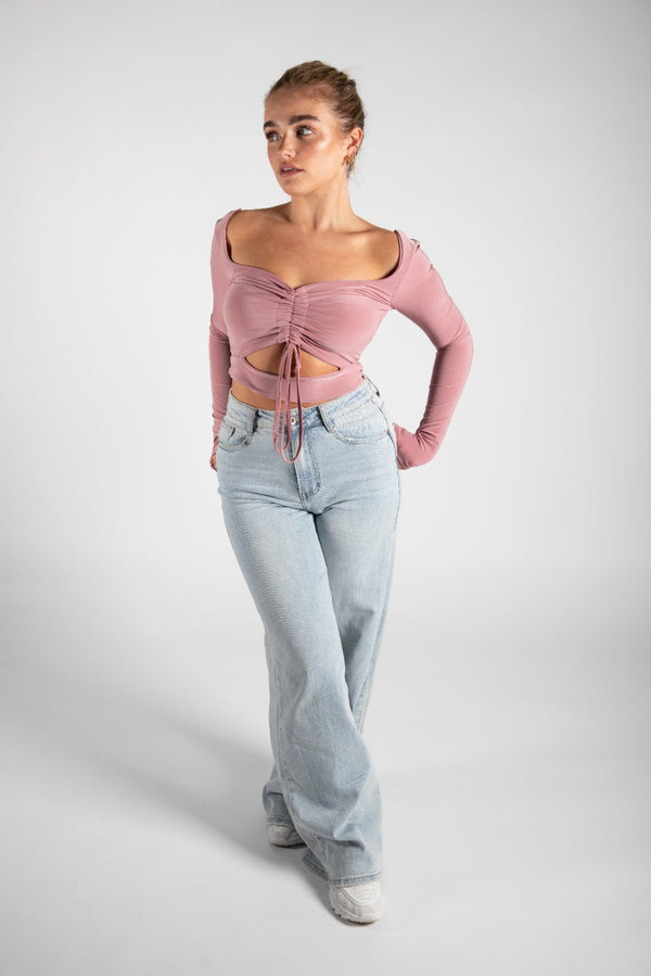 Pink Slinky Ruched Cut Out Crop Top
