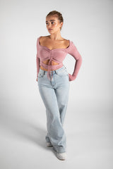 Pink Slinky Ruched Cut Out Crop Top