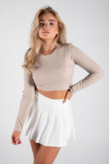Beige Ribbed Long Sleeve Backless Crop Top 