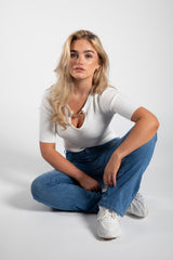 White Y2K Ribbed Heart Detail 3/4 Sleeves Crop Top