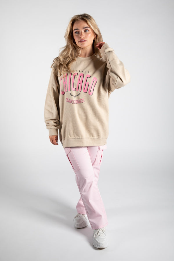 Beige Chicago Oversized Graphic Sweatshirt