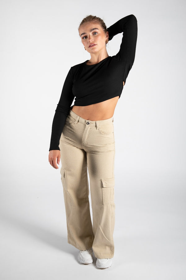 Black Ribbed Long Sleeve Backless Crop Top