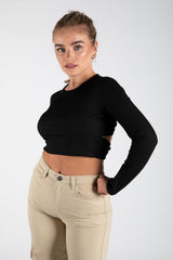 Black Ribbed Long Sleeve Backless Crop Top