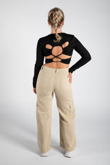 Black Ribbed Long Sleeve Backless Crop Top