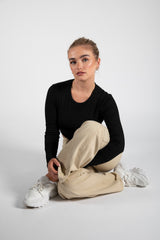 Black Ribbed Long Sleeve Backless Crop Top
