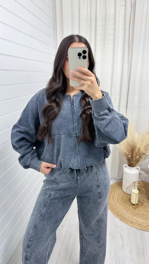 Charcoal Acid Wash Print Bomber Front Zip Tracksuit