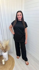 Black Two-Piece Loungewear Set with Side Tie Top and Wide Leg Pants