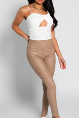 Beige Leather Look High Waist Leggings