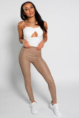 Beige Leather Look High Waist Leggings