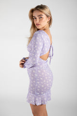 Lilac Ditsy Floral Tie Back Frill Hem Dress