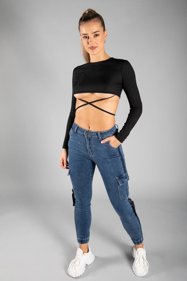 Black Rib Tie Waist Long Sleeve Crop Top