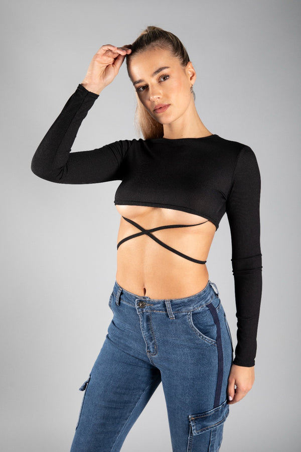 Black Rib Tie Waist Long Sleeve Crop Top