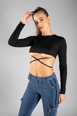 Black Rib Tie Waist Long Sleeve Crop Top