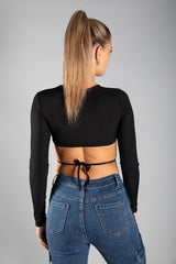 Black Rib Tie Waist Long Sleeve Crop Top