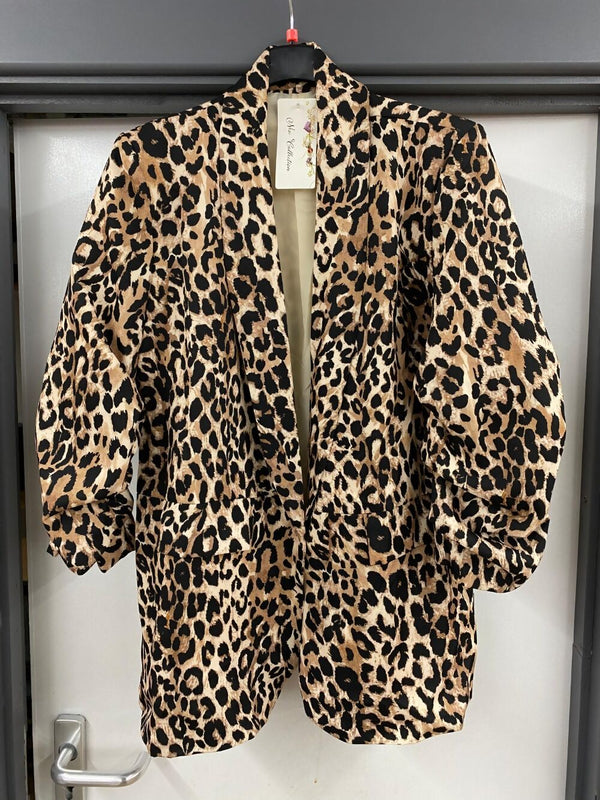 Leopard Print Ruched Satin Sleeve Blazer