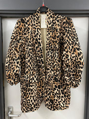 Leopard Print Ruched Satin Sleeve Blazer