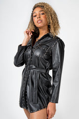 Black Studded Belted PU Leather Shirt Dress