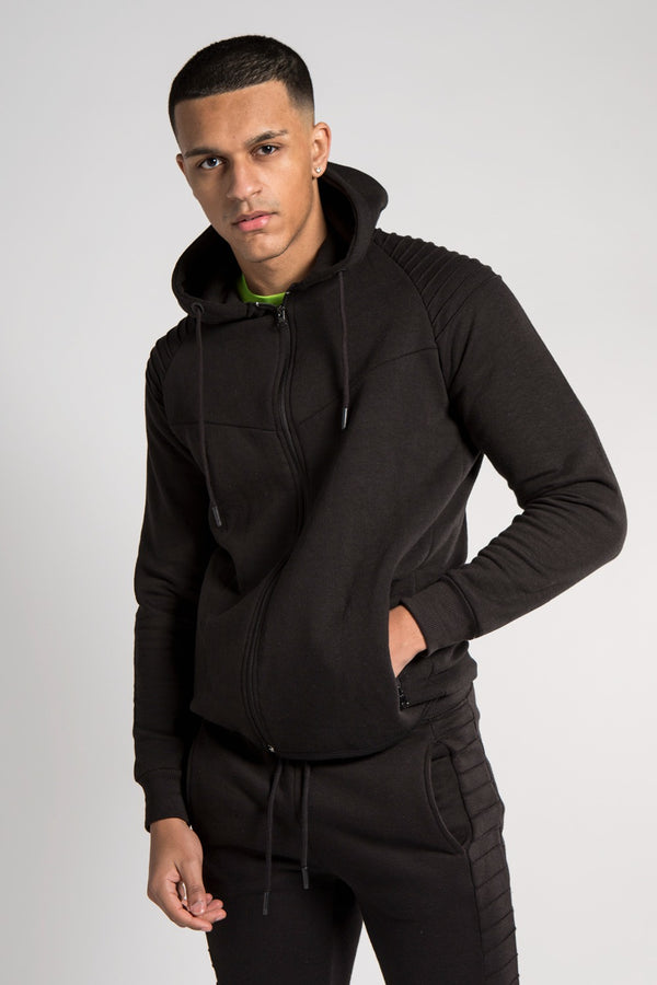 Mens Black Pipe Detail Hooded Zip Tracksuit