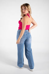 Hot Pink Knitted Back Tie Halterneck Crop Top 