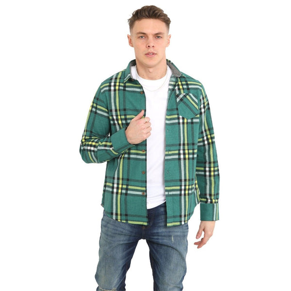 Mens Green Checked Cotton Flannel Long Sleeve Shirt