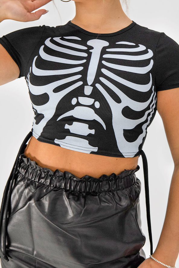 Black Ribbed Ruched Skeleton Hand Print Crop Top