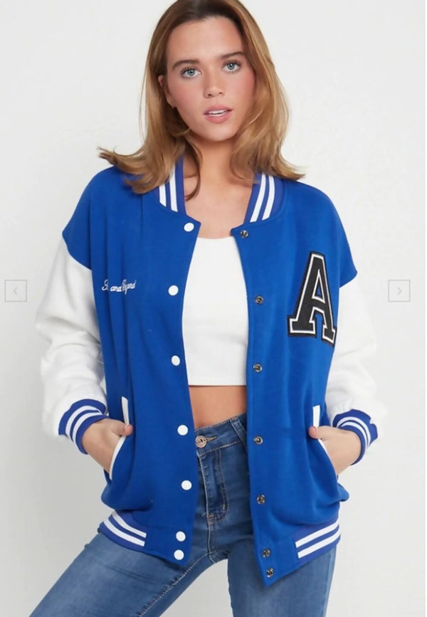 Royal Blue Contrast Sleeve Letter A Varsity Jacket