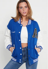 Royal Blue Contrast Sleeve Letter A Varsity Jacket