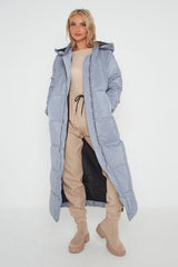 Grey Longline With Hood Maxi Puffer Coat