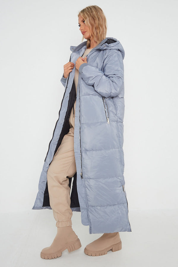Grey Longline With Hood Maxi Puffer Coat