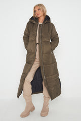 Khaki Longline With Hood Maxi Puffer Coat