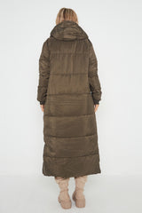 Khaki Longline With Hood Maxi Puffer Coat