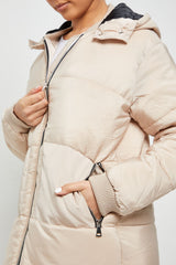 Beige Longline With Hood Maxi Puffer Coat