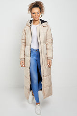 Beige Longline With Hood Maxi Puffer Coat
