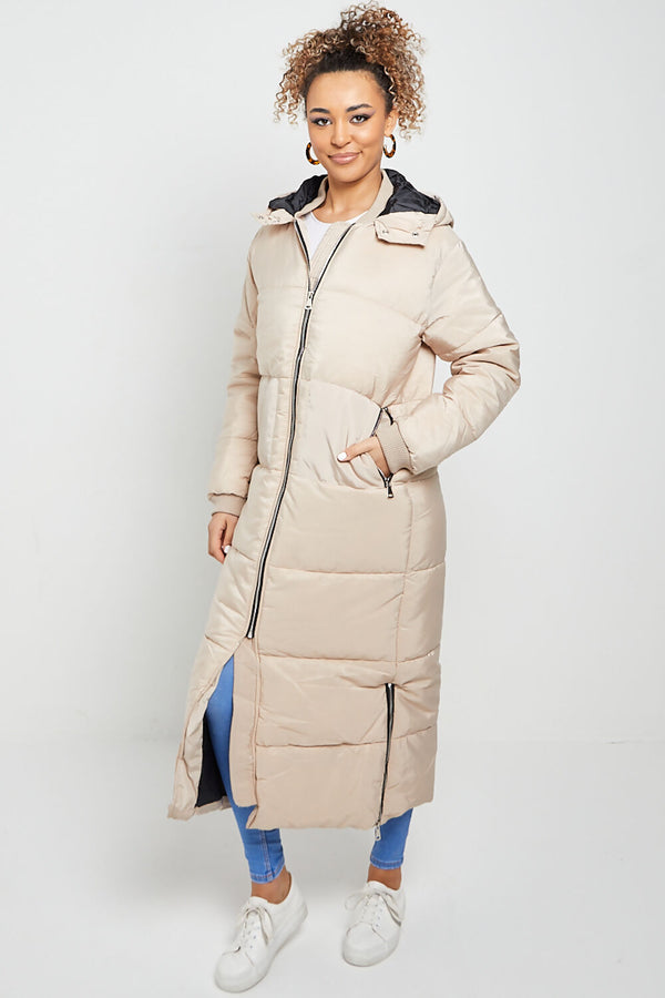 Beige Longline With Hood Maxi Puffer Coat