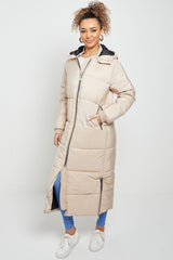 Beige Longline With Hood Maxi Puffer Coat