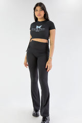 Black Basic Ribbed Flare Trousers