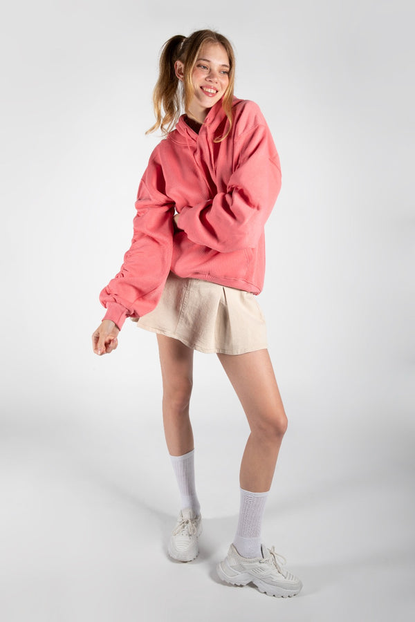 Baby Pink Oversized Ruched Sleeves Hoodie