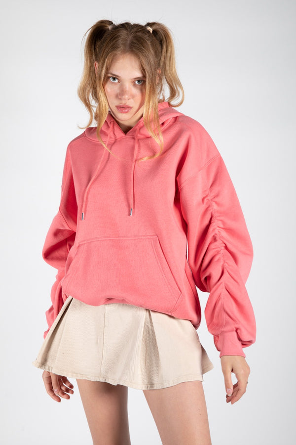 Baby Pink Oversized Ruched Sleeves Hoodie