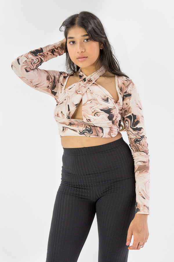 Stone Marble Print Halter Neck Crop Top