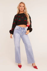 Black Knitted Cherry Print Cropped Jumper