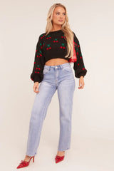 Black Knitted Cherry Print Cropped Jumper