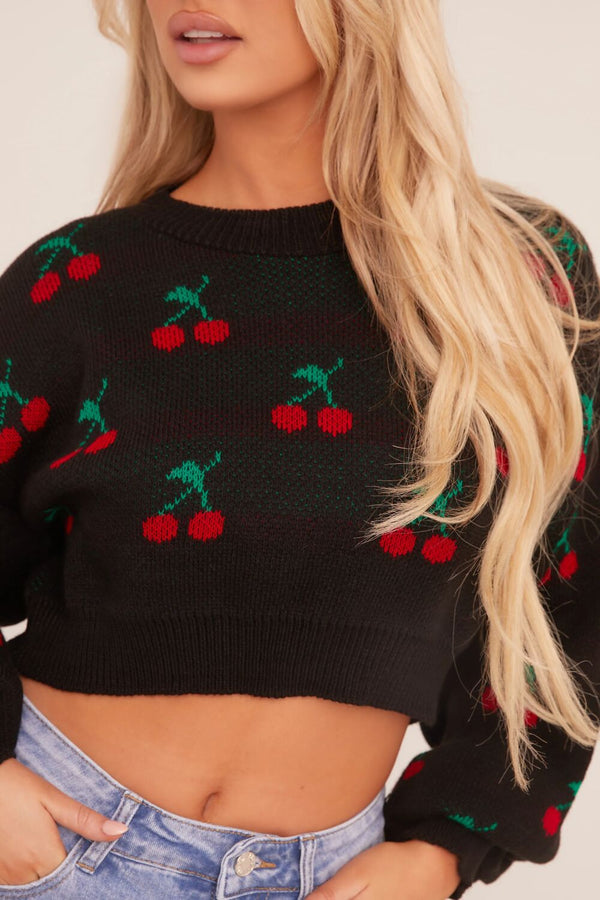 Black Knitted Cherry Print Cropped Jumper