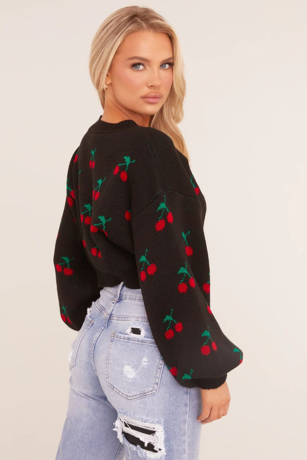 Black Knitted Cherry Print Cropped Jumper